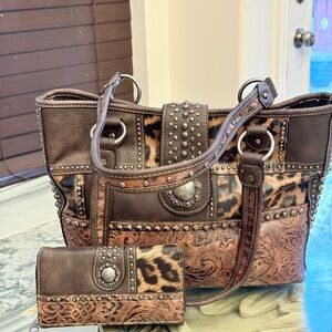 Montana West Brown and Leopard Print conceal carry handbag Tote Set #81
